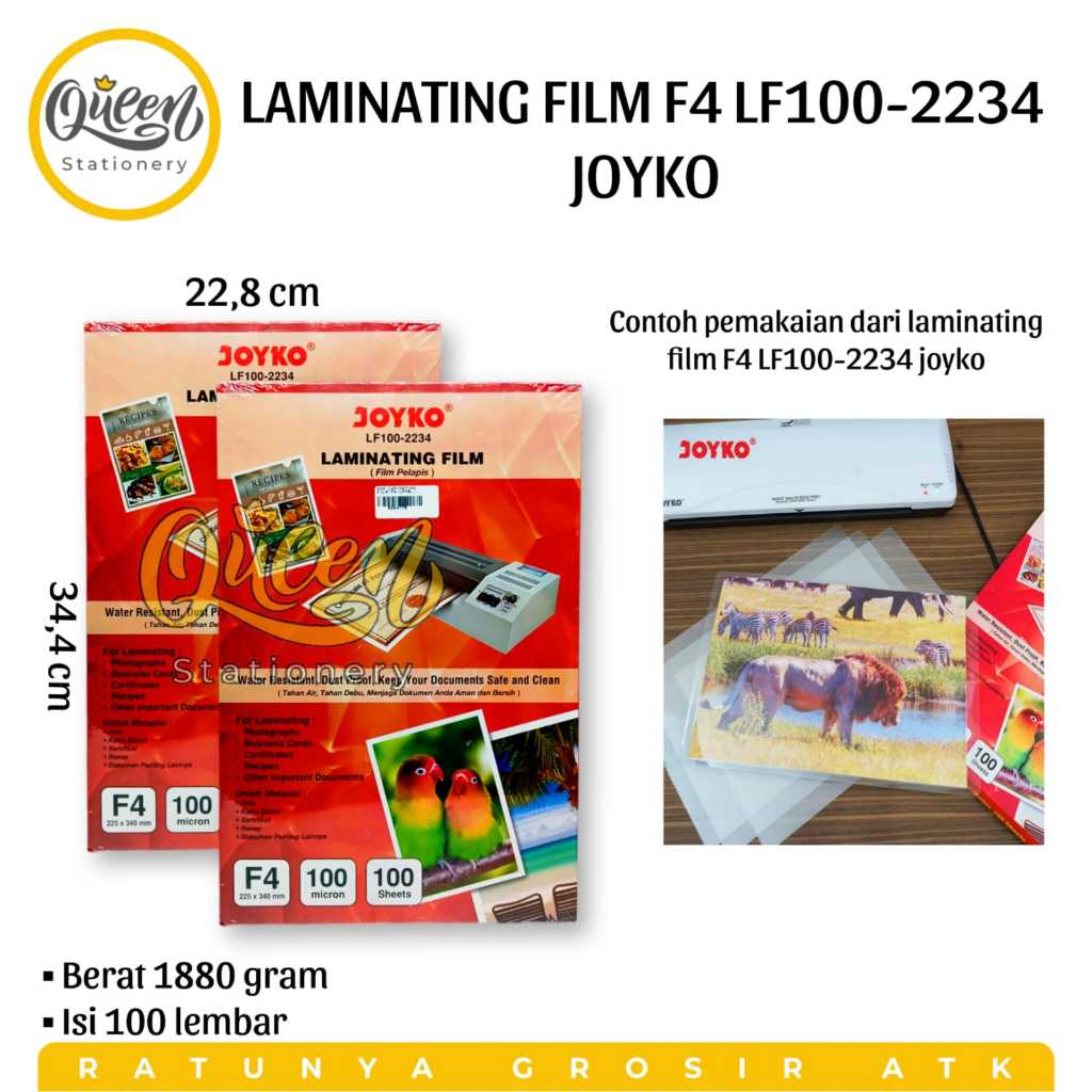 

1 PACK (100 LEMBAR) LAMINATING FILM F4 LF100-2234 JOYKO / LAMINATING DOKUMEN DLL / LAMINATING F4 / PLASTIK LAMINATING