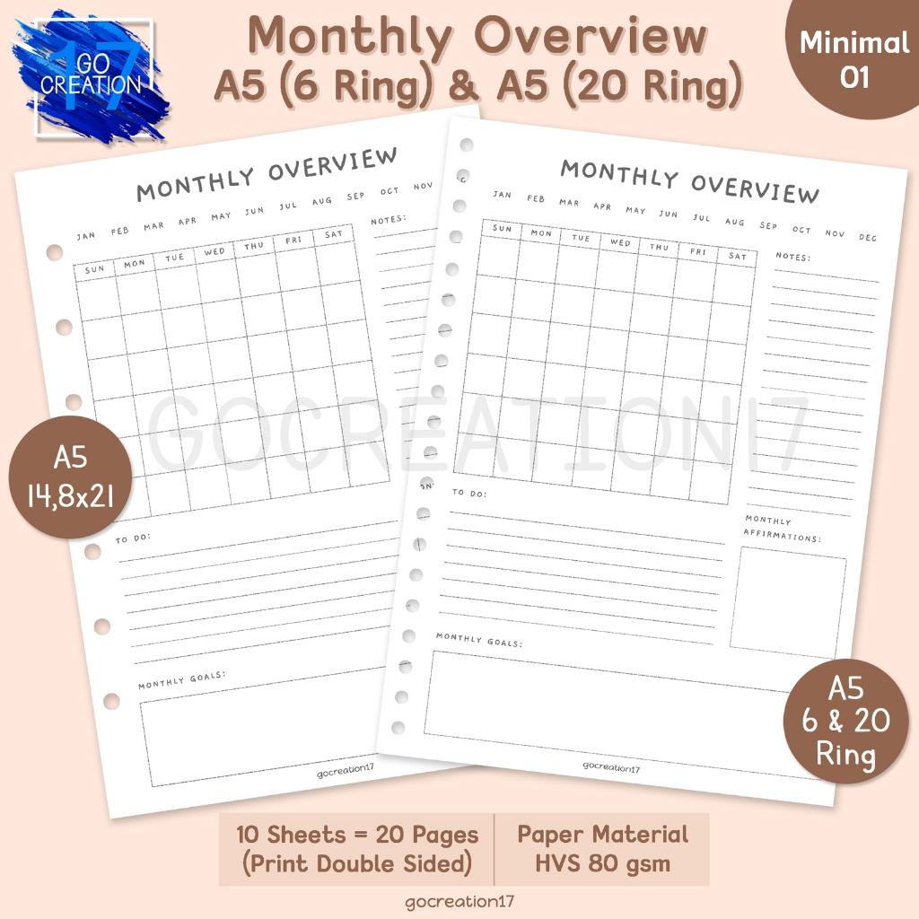 

Buku Planner Kertas Isi Binder Monthly Overview Simple Minimalis A5
