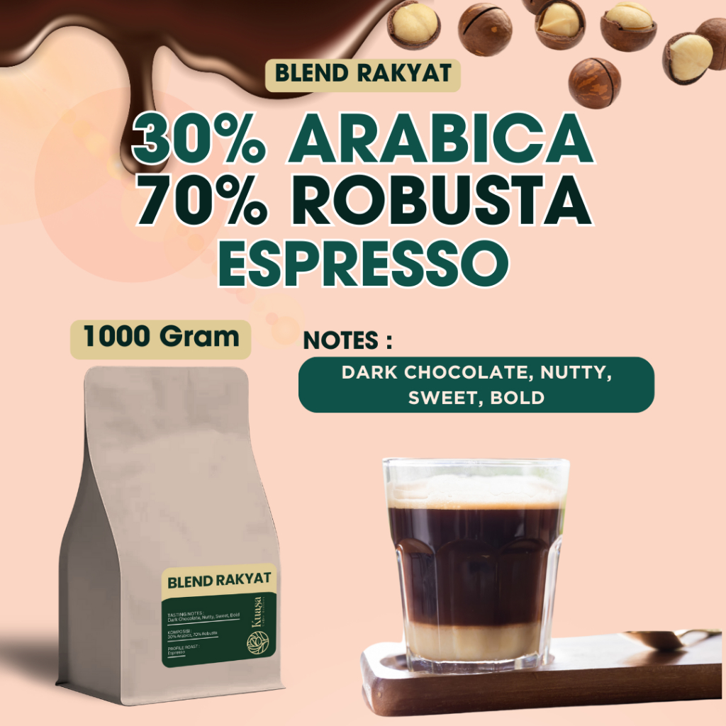 

Kopi Blend 30% Arabica 70% Robusta Kemasan 1 KG Kuasa Coffee Blend Rakyat kopi Biji Bubuk espresso