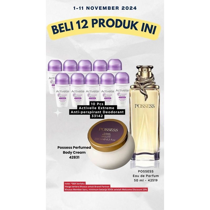 Paket Promo Love Posess November Oriflame ( Parfum Posses+ 1 body Cream Posses + 10 Deo Ungu)