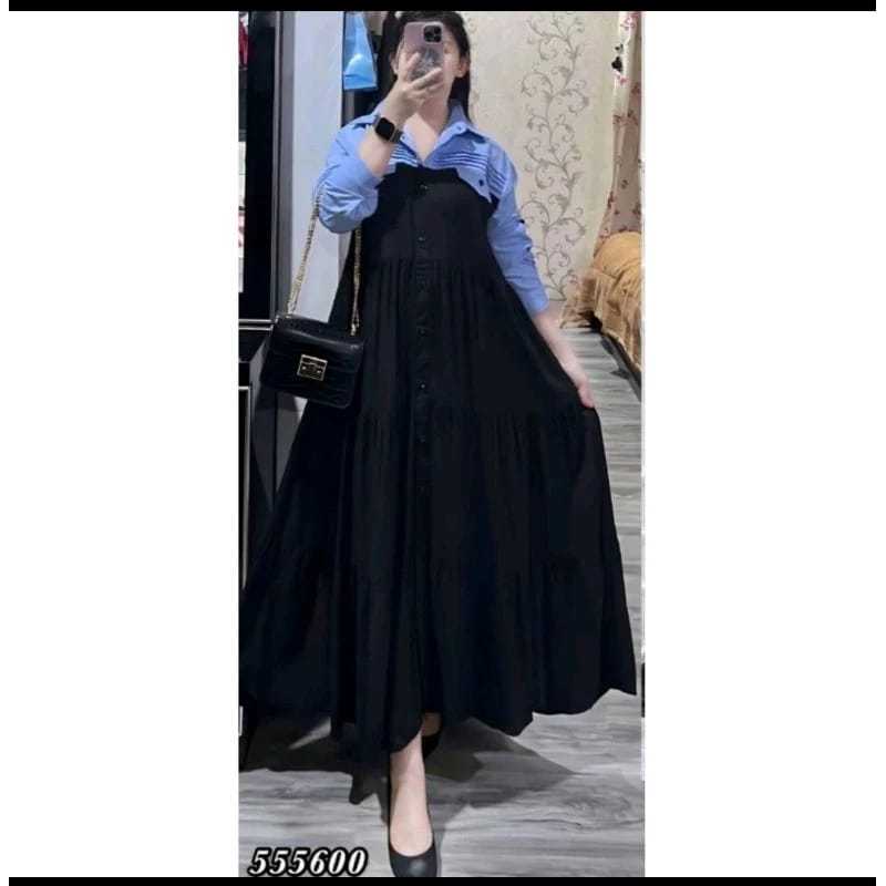 Gamis Jeans kombinasi Salur / Gamis Jeans wanita / Gamis Muslim wanita /Celline Dress Maxy Jeans Cod