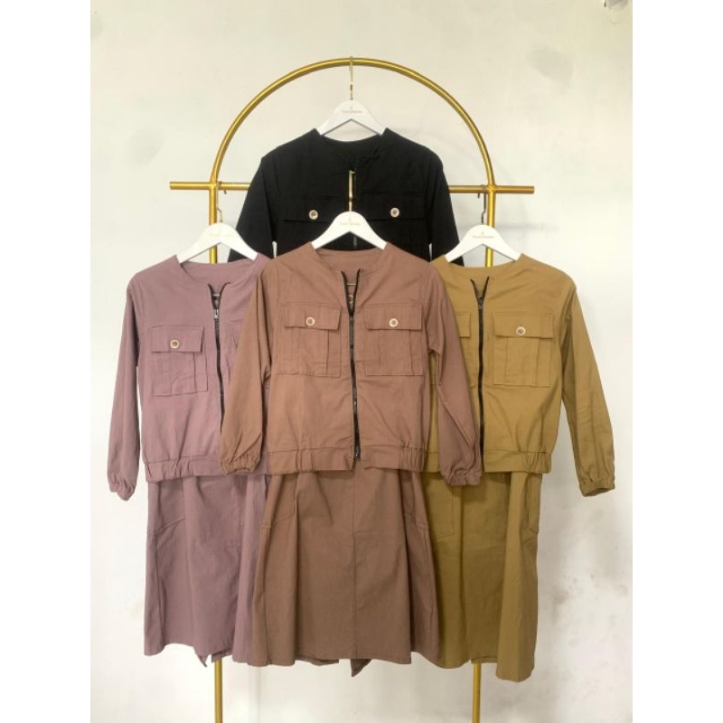 Frendi collection | Set rok zara, setelan rok cargo resleting outer viral lengan kerut, baju setelan