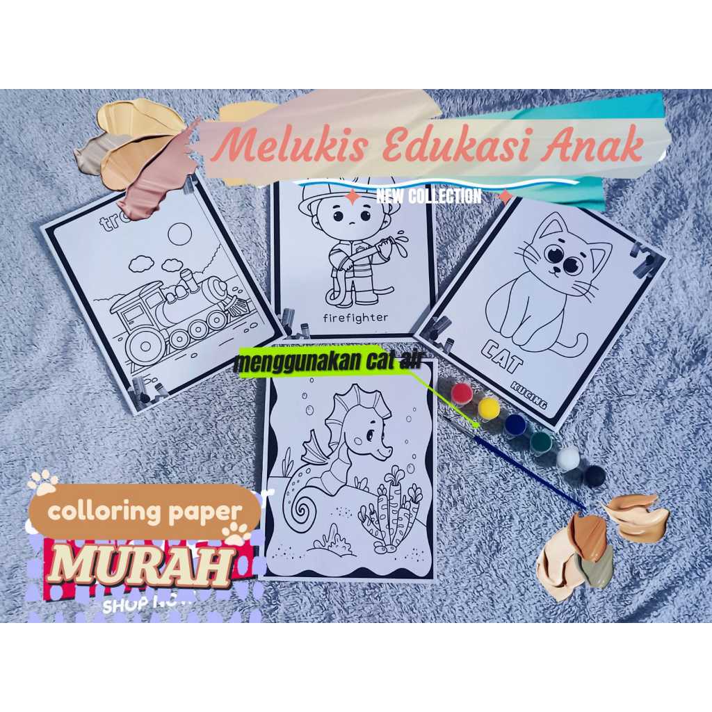 Melukis Cat Air mainan edukasi anak 10 gambar karakter kertas tebal, 6 warna cat air, kuas elegan un