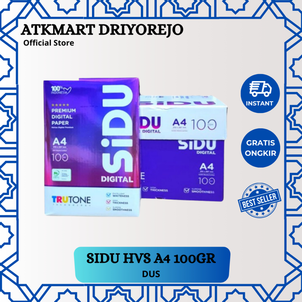 

SIDU KERTAS HVS A4 100GSM 1 KARTON ISI 4 RIM PAPER FOTOCOPY PUTIH TEBAL 100 GRAM