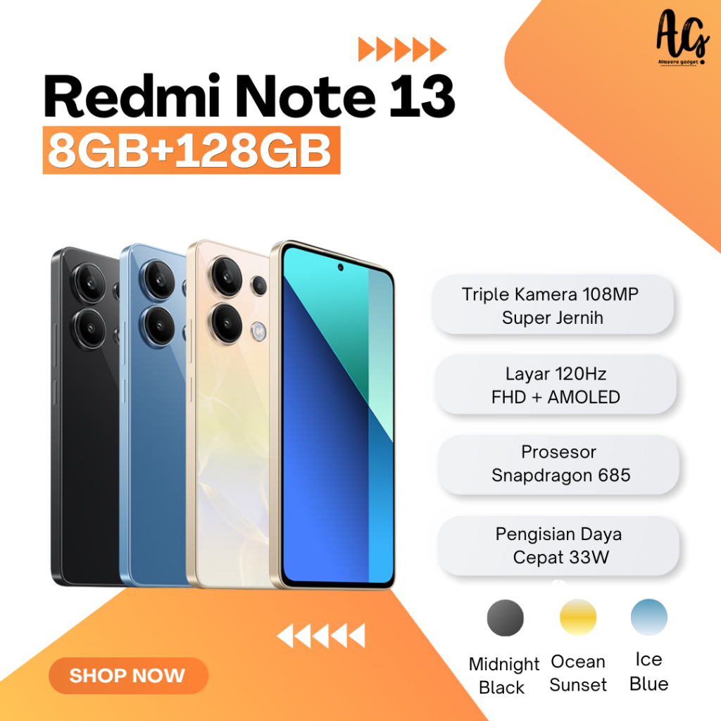 Redmi Note 13 (8GB/128GB) | Layar 120 Hz FHD+ AMOLED Tiga kamera 108 MP Prosesor Snapdragon 685