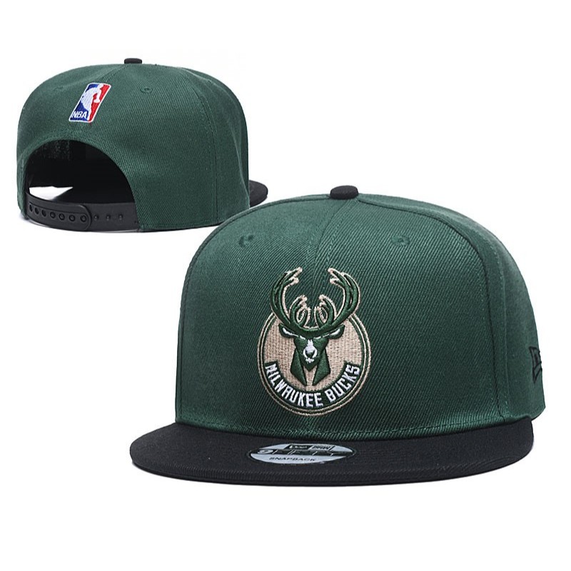 Topi Snapback NBA Basket Milwaukee Bucks Green Black Round Logo Stars Era Flat Bordir Aksesoris Pria