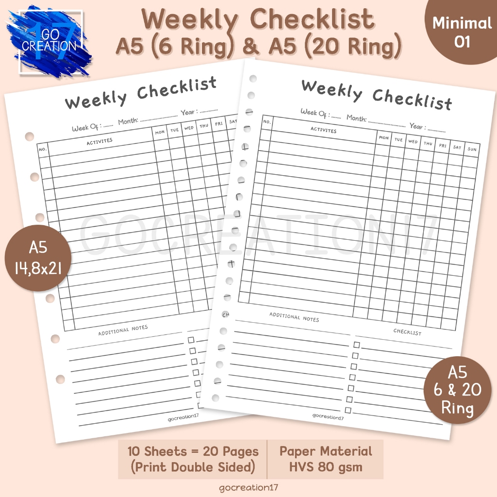 

Buku Planner Kertas Isi Binder Weekly Checklist Simple Minimalis A5