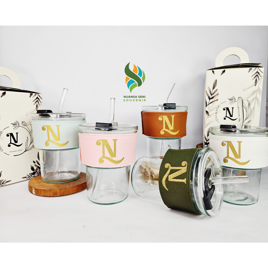 Souvenir Tumbler Minum Vintage Gelas Cup Sedotan Botol Kaca Sablon Sleeve Emboss Kemas Box Custom