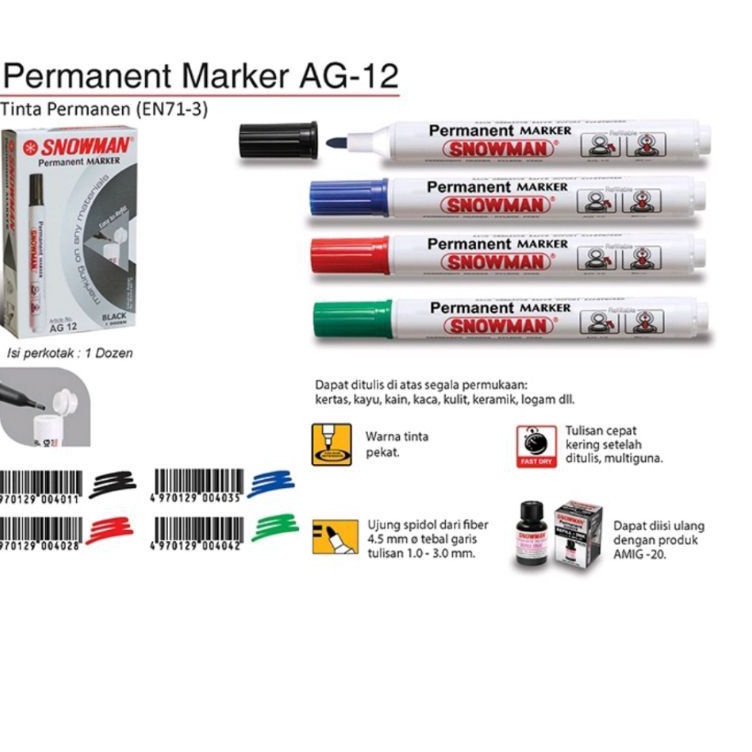 

KODE N24Y Spidol Permanent Marker Snowman AG 12 1pak12pcs
