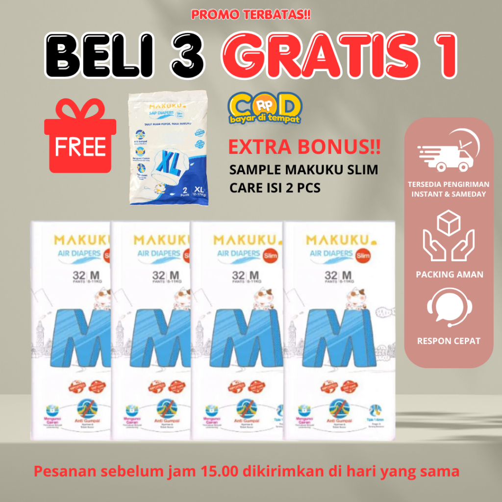[BELI 3 GRATIS 1 + FREE GIFT] MAKUKU Slim / Slim Care x 4 pack Ukuran M / L / XL Popok Bayi SAP Diap