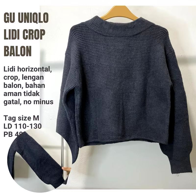 Preloved Sweater Rajut Lidi Crop GU UNIQLO Lengan Balon Abu Gelap Cantik