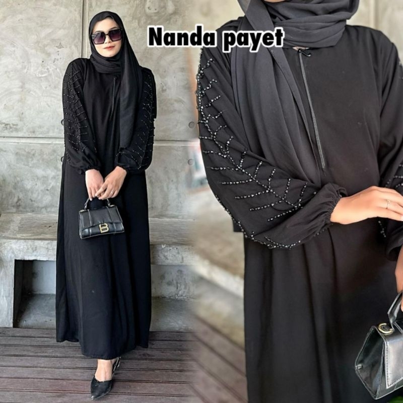 ABAYA NANDA PAYET/ ABAYA PAYET/ABAYA LENGAN BALON/GAMIS HITAM MUSLIMAH