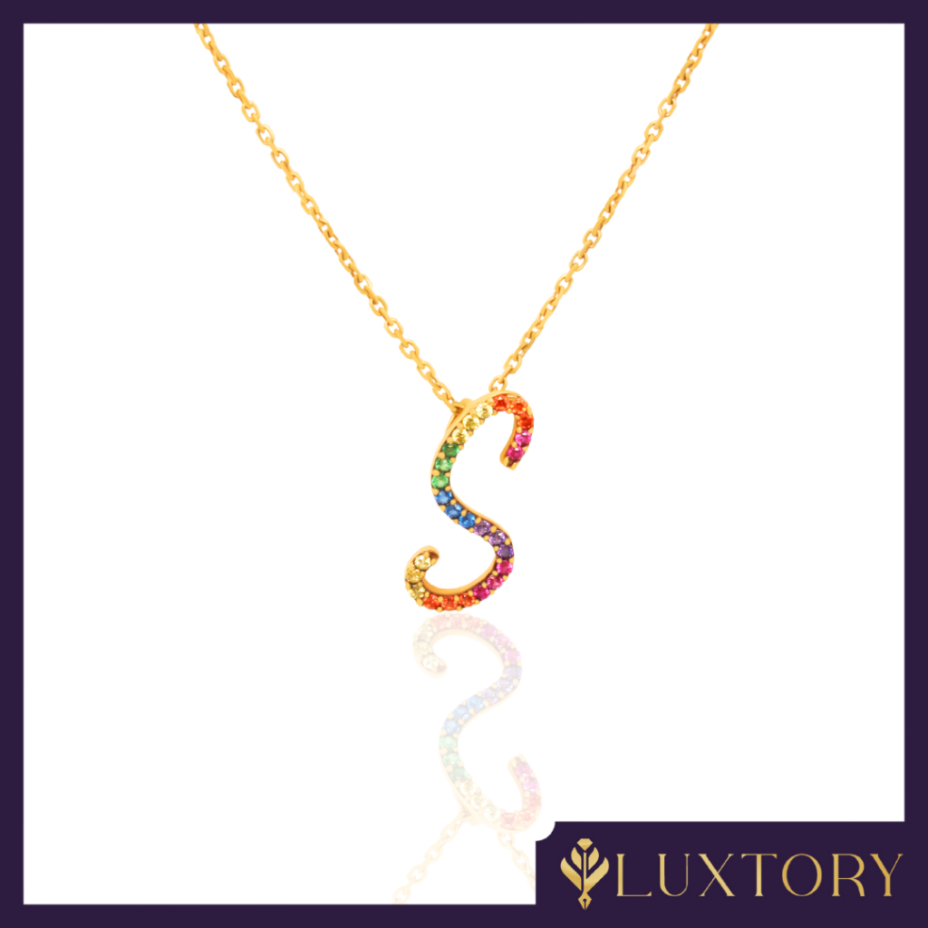 Kalung Kait Emas Huruf "S" Rainbow Permata 8K