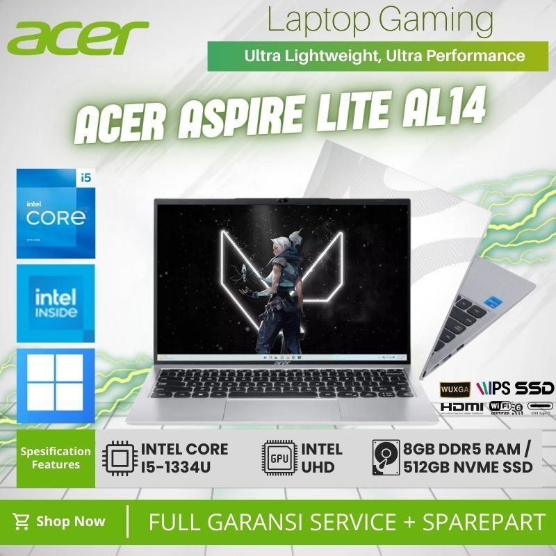 Laptop Multitasking Acer Aspire Lite AL14-52M-54V4, Core i5-1334U, RAM 8GB, 512GB SSD, 14" WUXGA IPS