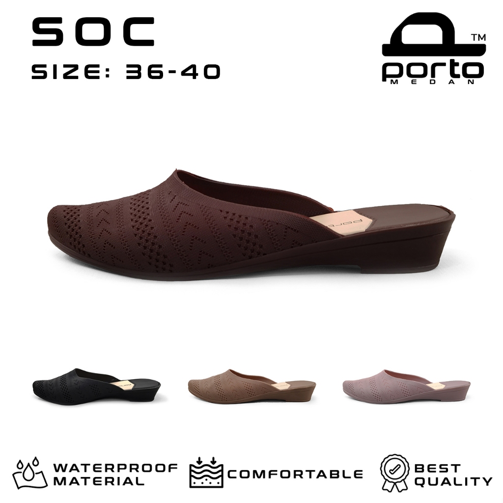 Porto Lady SOC Sepatu Selop Wanita Wedges Mules  Motif Rajut Bahan Karet