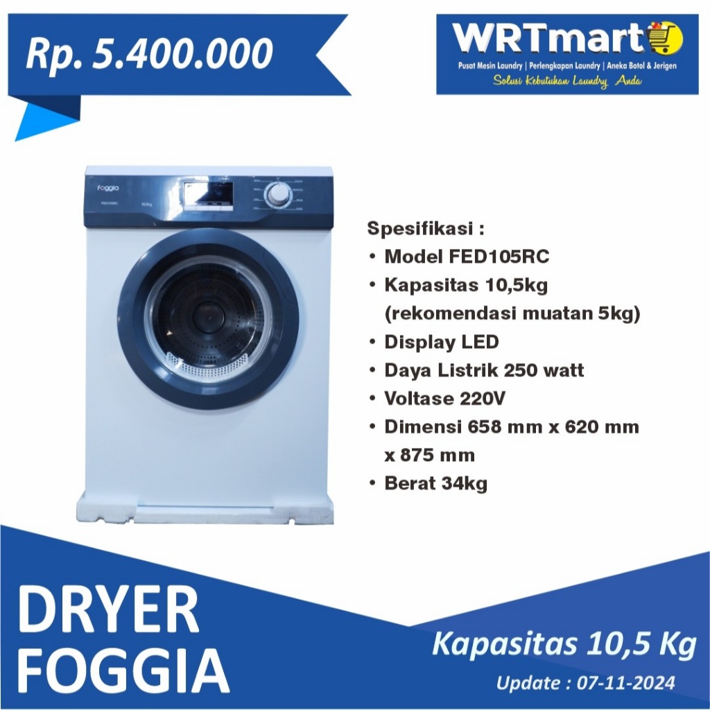 Dryer Foggia 10,5 Kg | Dryer Mesin pengering pakaian Foggia 10.5kg Konversi Gas Laundry | Dryer Tumb