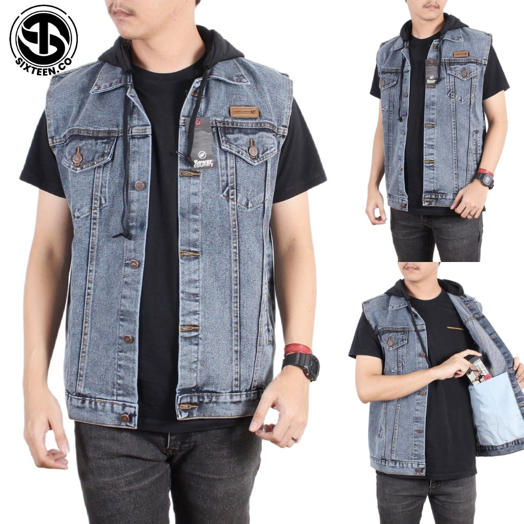 SIXTEN - Rompi Jeans Hoodie Pria Big Size / Rompi Jeans Hoodie Cowok / Rompi Lekmong