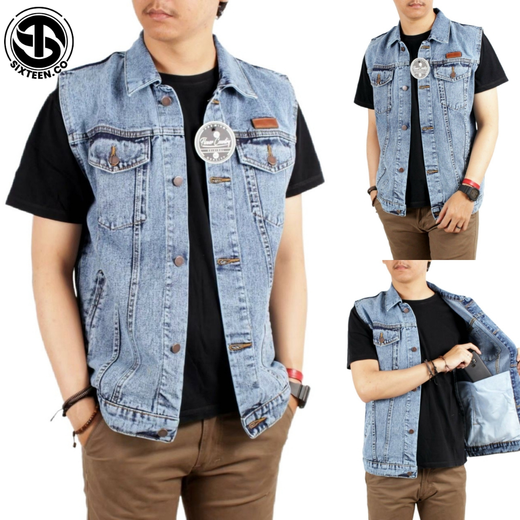 SIXTEEN - Rompi Jeans Pria Sandwash Lekmong / Jaket Rompi Kerah Denim Distro Original Flower Country