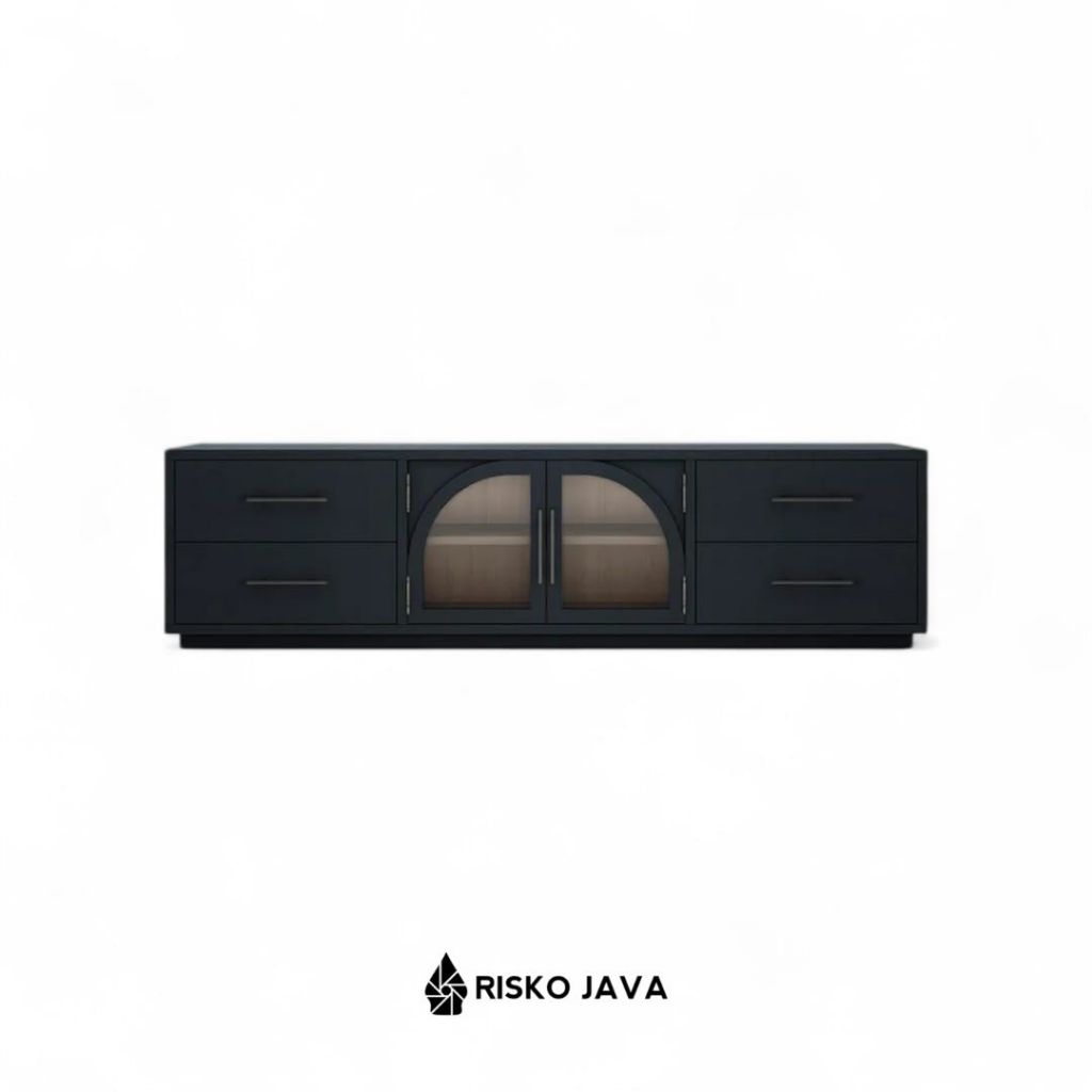 Meja Tv Kayu Jati Pintu Kaca / Rak Tv Laci Penyimpanan / Cabinet Tv Minimalis Natural Black | NDIKOM