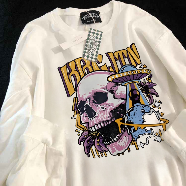 Disneay Kaos Oversize Lengan Panjang Pria Korean Style |  Cetakan Tengkorak | Baju Kaos Lengan Panja