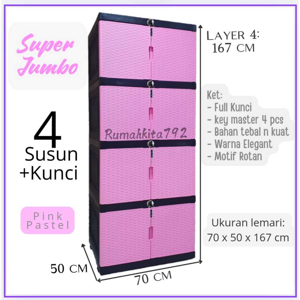 Lemari Pakaian Jumbo Full Kunci Rotan Pastel / Lemari Plastik Prima Star Kuat & Kokoh