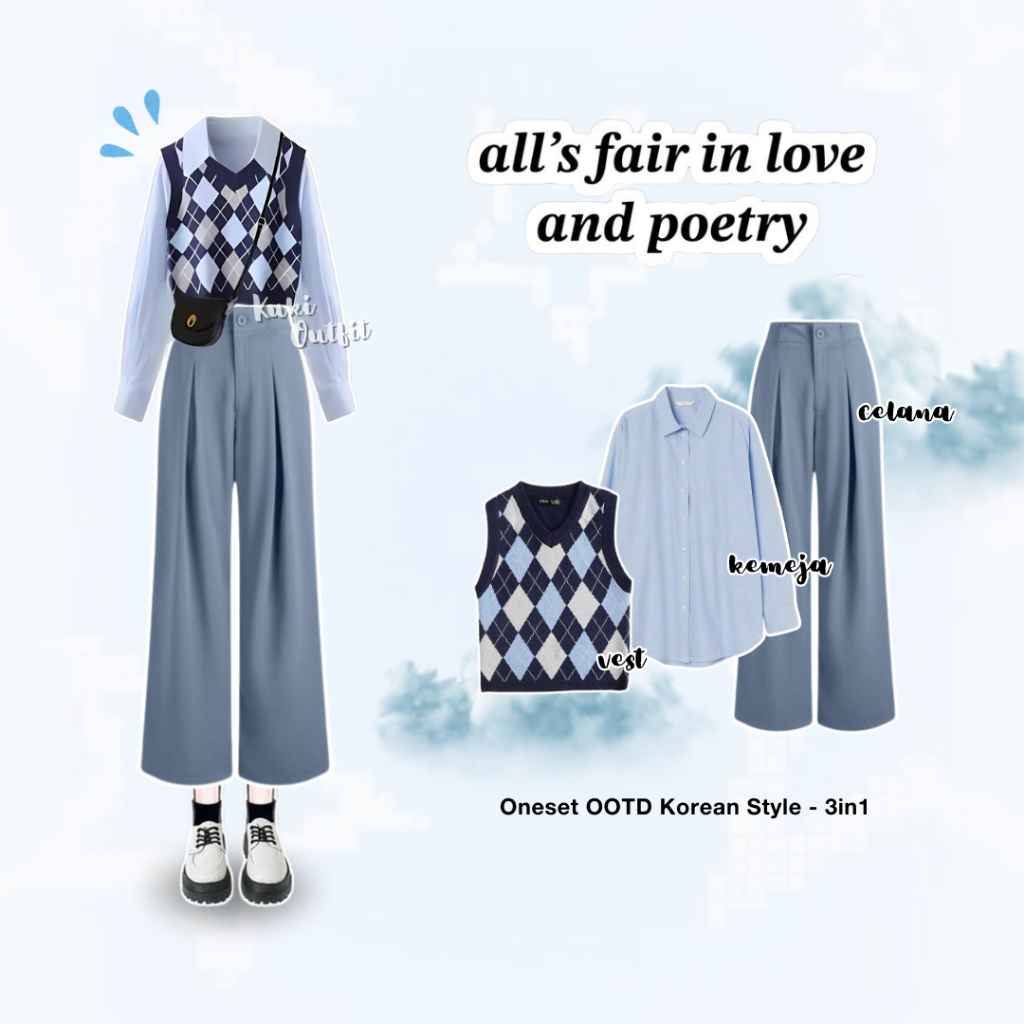 Penawaran Terbatas Oneset Korean Style (Vest, Kemeja, Celana) Rajut Style Outfit K-Drama School -