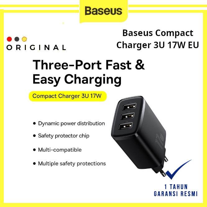Baseus Compact Charger 3U 17W EU - BASEUS ORIGINAL ( CODE 10121 ) / CHARGER BASEUS / KEPALA CASAN BA