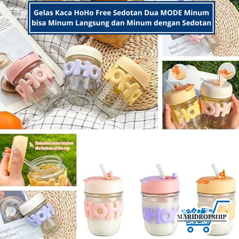 Gelas Kaca HoHo Free Sedotan Dua MODE Minum bisa Minum Langsung dan Minum dengan Sedotan - tempat mi