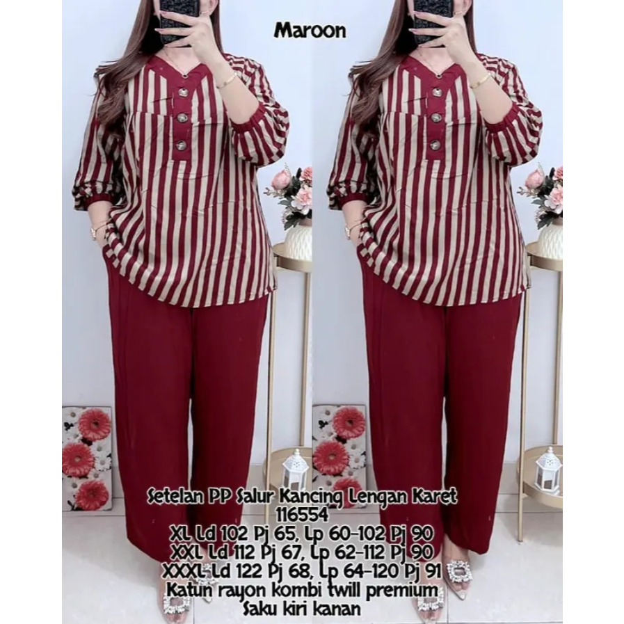 Setelan Katun Rayon Twill 116554 - Set Salur wanita - Lengan Panjang Karet - Celana Polos GRATIS ONG