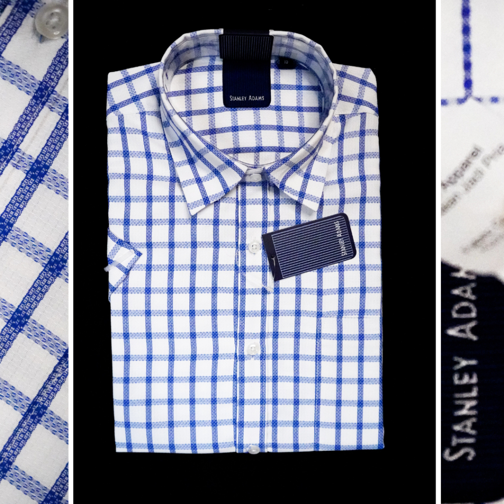 STANLEY ADAMS Kemeja Pria Lengan Pendek Formal Reguler Fit Putih Motif Kotak Biru Muda | Hem Pria