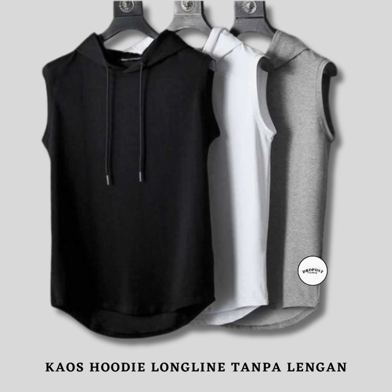 KAOS HOODIE TSHIRT BAJU POLOS LONGLINE TANPA LENGAN SLEEVELESS ATASAN JUMBO BIG SIZE OVERSIZE COWOK 