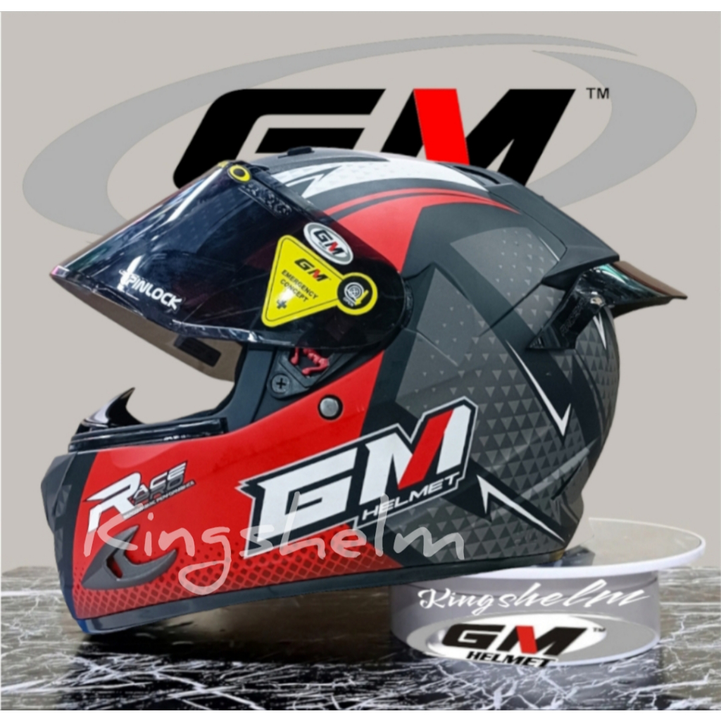 Helm Gm Race Pro flat visor iridium black red dop - helm full face Gm paket ganteng