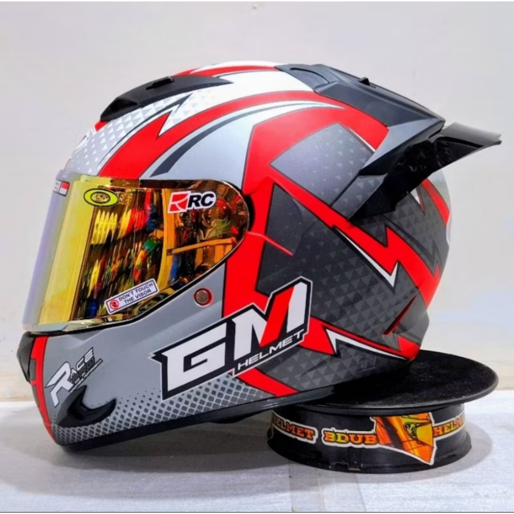 Helm Gm Race Pro flat visor iridium red silver - helm full face Gm paket ganteng