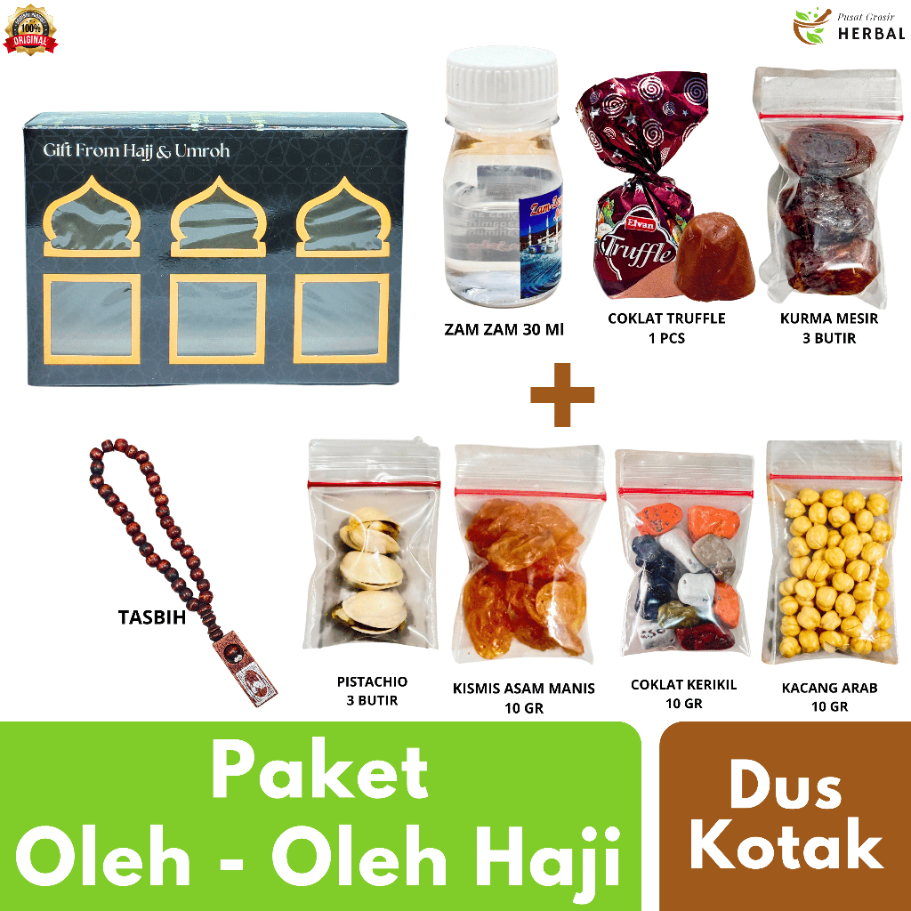

Paket Oleh Oleh Haji dan Umroh Dus Kotak Unik Grosir Premium Lengkap Coklat Kerikil Arab Air Zamzam