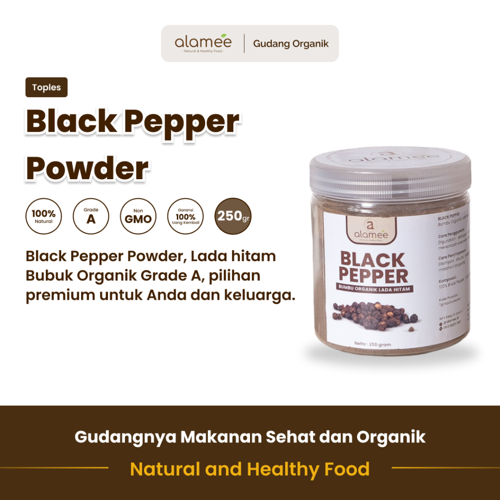 

alamee bumbu organik lada hitam toples dengan rasa pedas dan aroma khas dari petani lokal alami