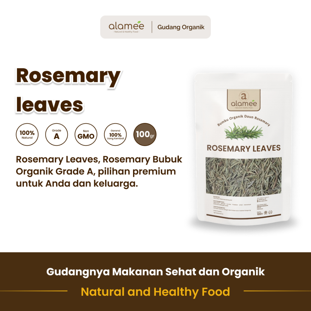 

alamee bumbu organik rosemary 100 gram adalah herbal alami ideal untuk daging dan menyegarkan rasa