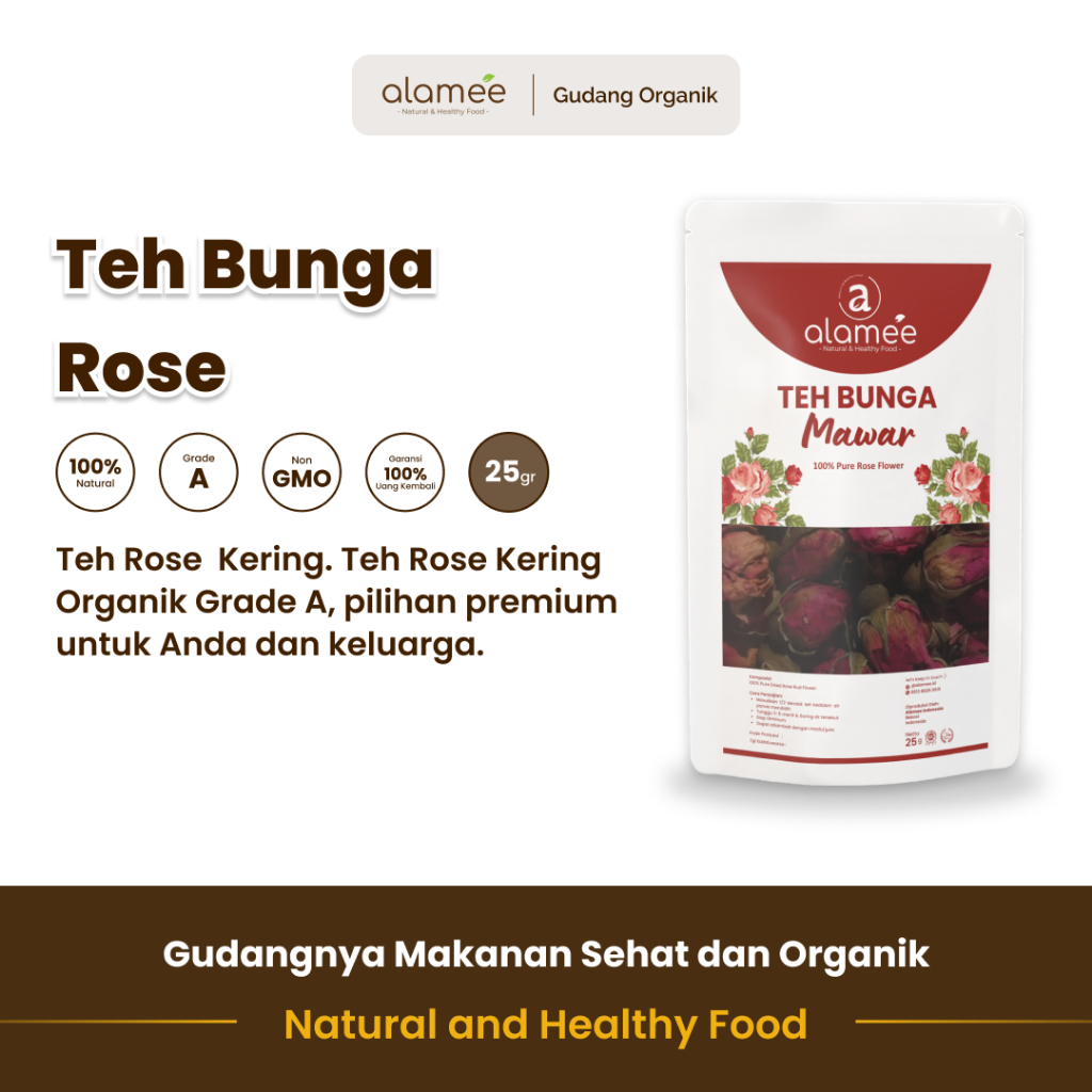 

alamee teh bunga rose yang disediakan dalam 25 gram menyajikan aroma memukau menyehatkan