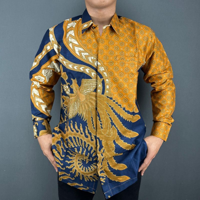 Kemeja batik pria NAVY ROSE GOLD lengan panjang bahan katun lapis furing motif terbaru
