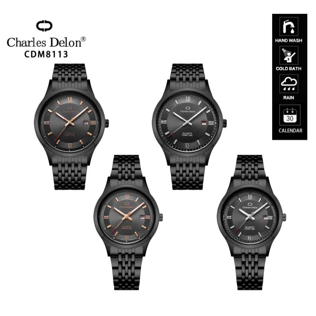 Official CHARLES DELON Watch Free Box Original Jam Tangan Rantai Couple Pria Wanita Analog Kalender 