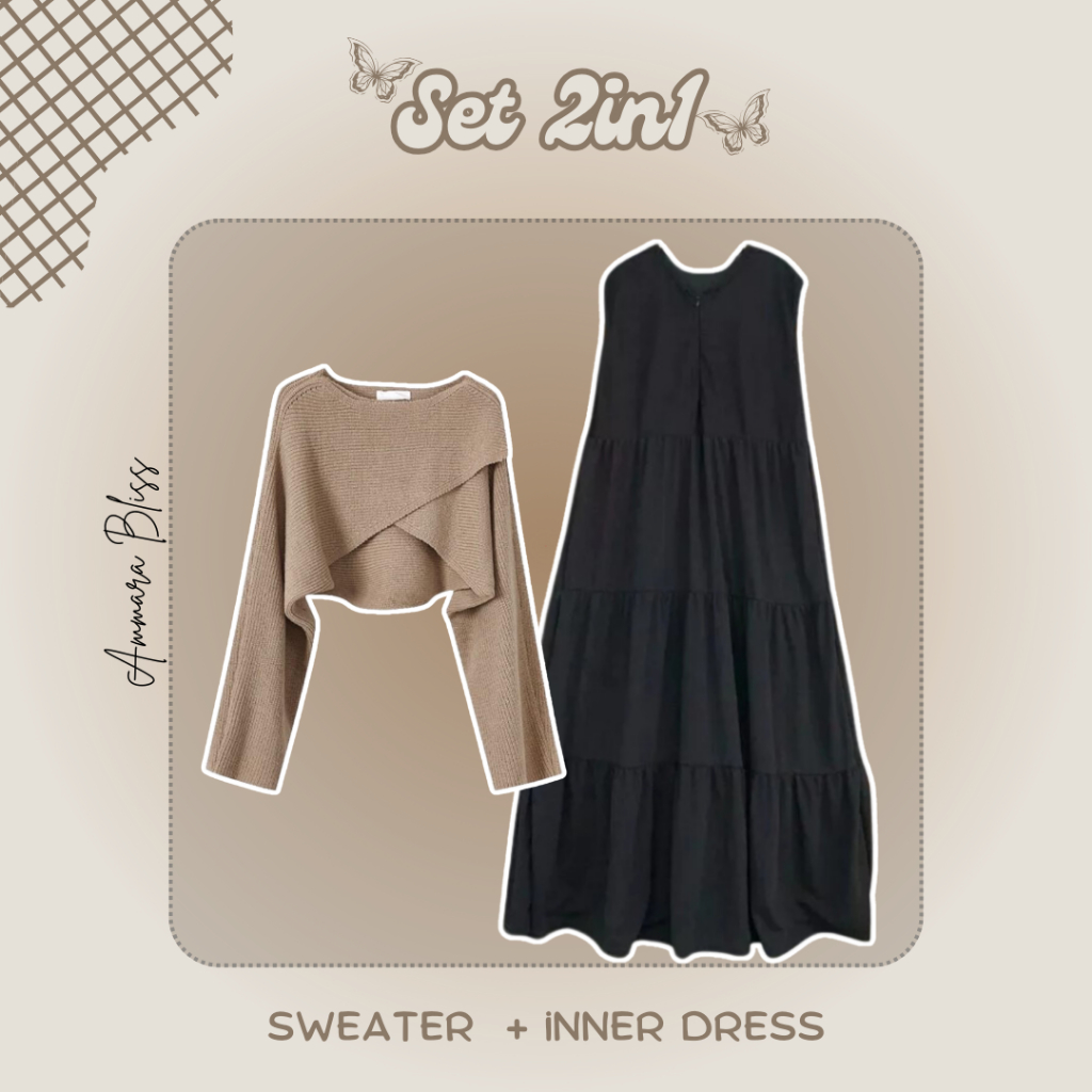 FREE ONGKIR ONE SET DRESS HIJAB 3IN1 ( PASHMINA + SWEATER + INNER DRESS ) OUTFIT WANITA MUSLIM LONG