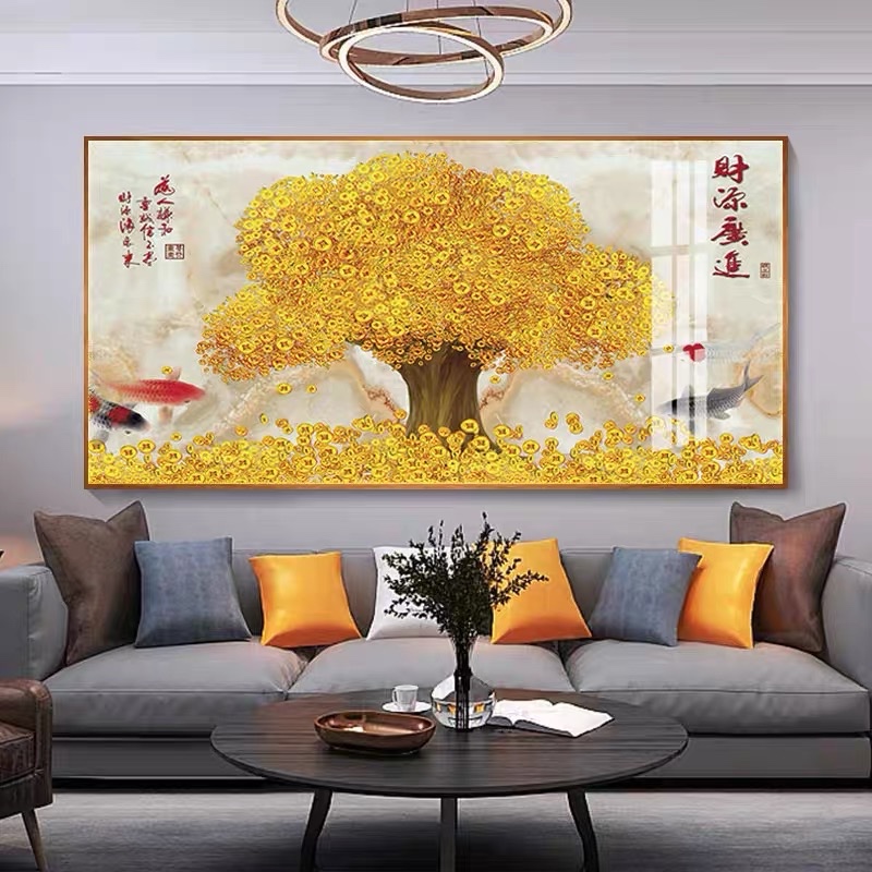 Lukisan Porcelain Painting 5D Diamond Horizontal Motif Pohon Emas Motif Fengshui Bagus Lukisan Porse