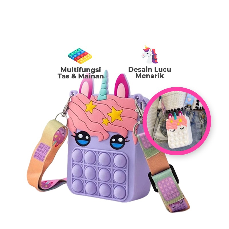 HOKO Tas Selempang Anak POP IT Rubber Jelly/Tas cewe anak Silicon Unicorn cupcakes