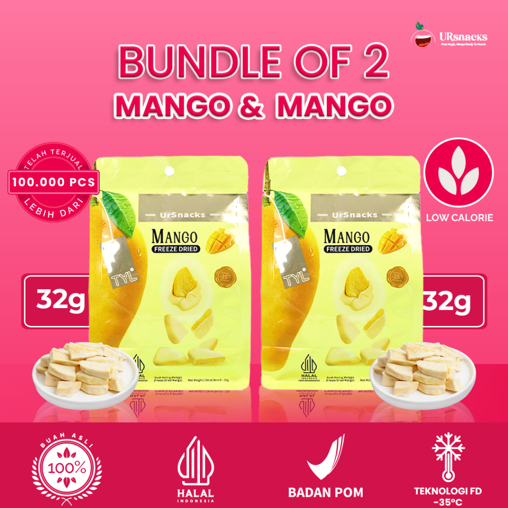 

URSNACKS BUNDLE OF 2 [LIVE] - FREEZE DRIED KERIPIK MANGO 32gr + MANGO 32gr - Snack Keripik Buah Asli Halal BPOM