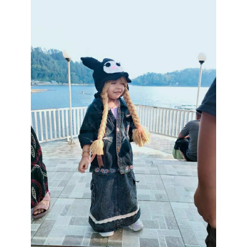 Topi Rajut rambut panjang Kuromi/ Topi kuromi/ topi rambut palsu