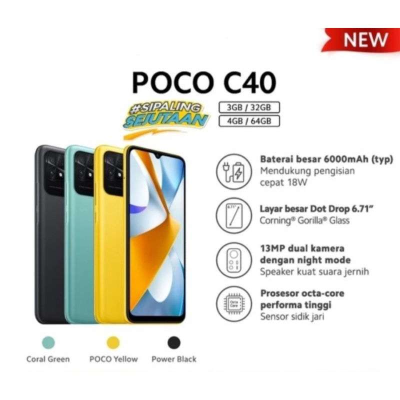 redmi poco c40 ram 3/32gb garansi resmi Indonesia
