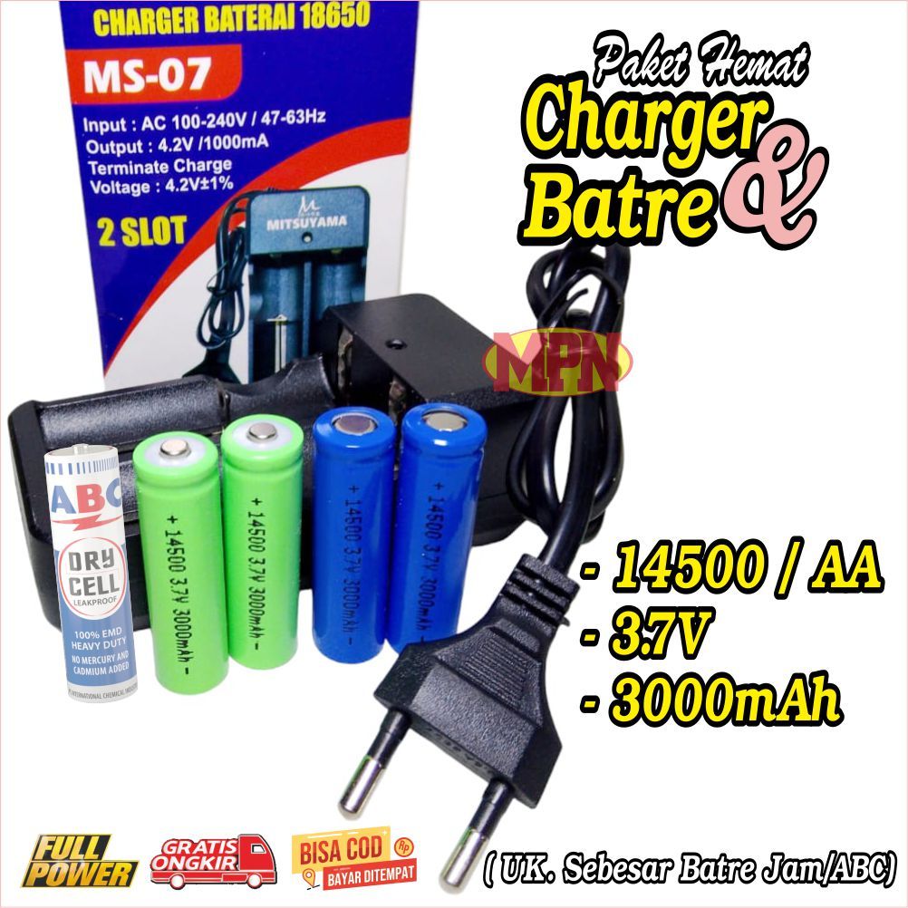 Baterai LI-ION 14500 Charger, Senter, Alat Cukur, Electronik TYPE 14500 3.7V 3000 Mah PAKET CHARGER