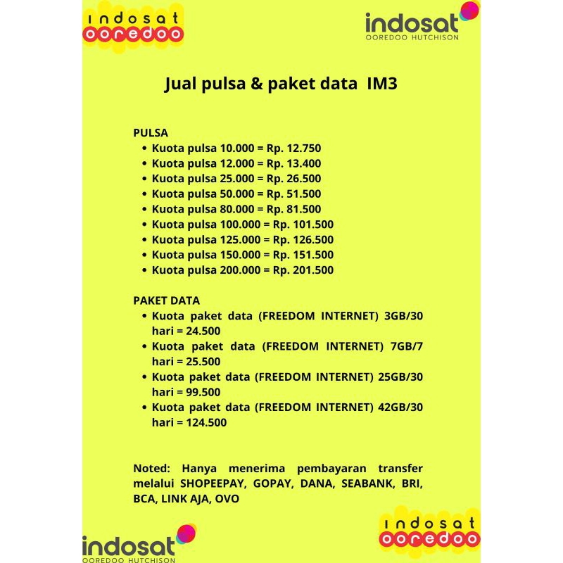 (Termurah) Pulsa Indosat/IM3 termurah, Paket Data Indosat termurah, Pulsa Indosat Terlengkap, Paket 