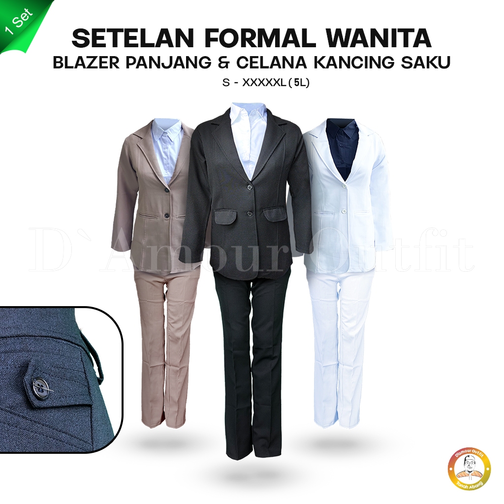 One Set Setelan Jas Blazer Pajang dan Celana Bahan Kancing Saku Celana Panjang Wanita Stelan Jas Ker