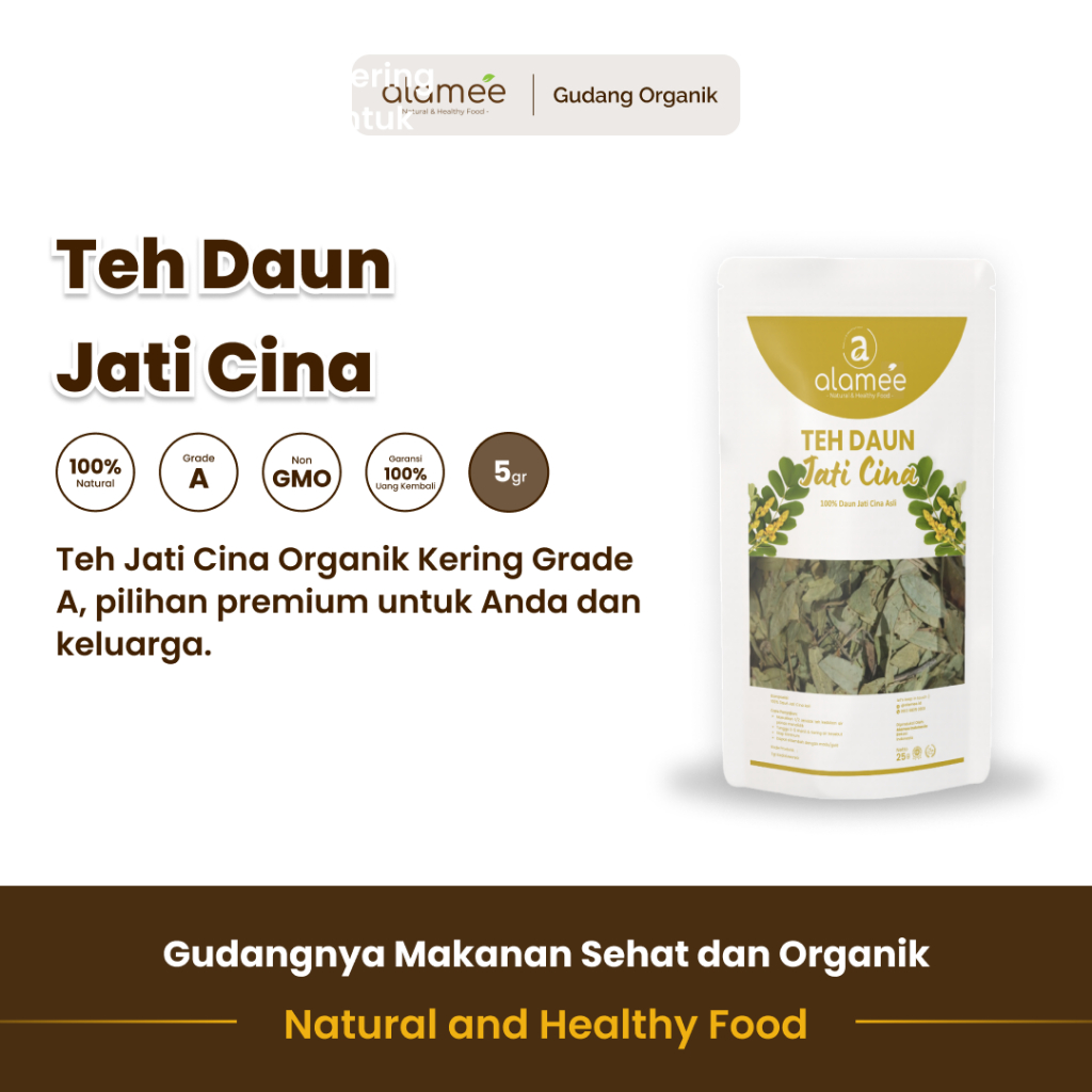 

alamee kemasan 5 gram teh bunga senna menyajikan rasa alami dengan aroma menyegarkan