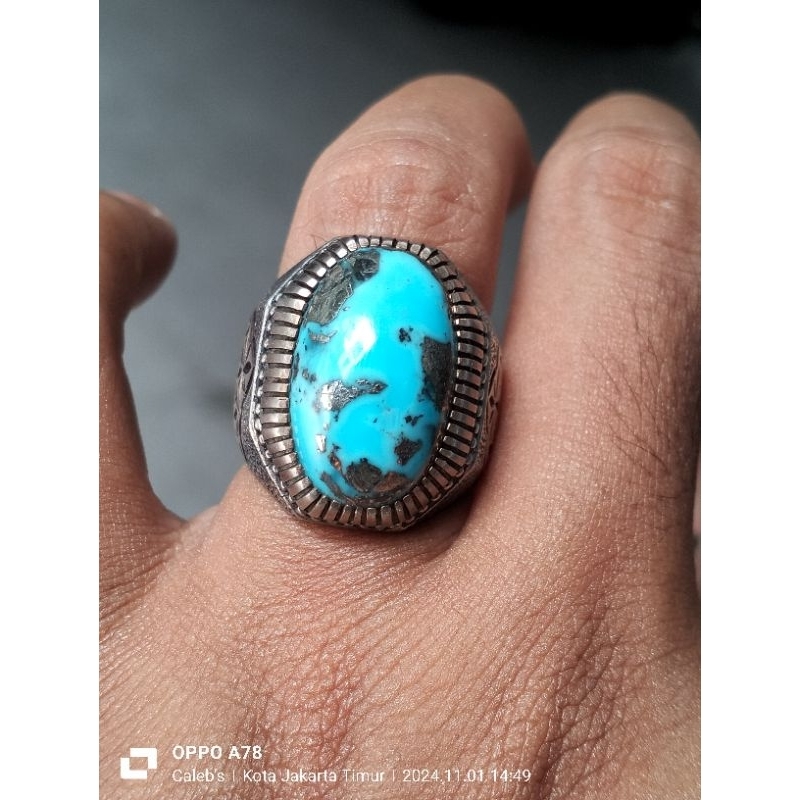 Natural turquoise pirus Persia badar perak ring perak songket handmade uk 16 pirus Iran pirus kherma